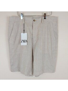 Zara 100% Linen Ecru Flat Front Shorts NWT